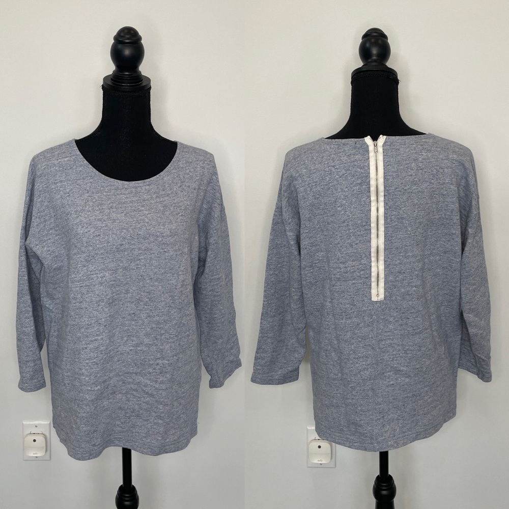J. Crew French Terry 3/4 Sleeve Sweatshirt Zip Back Blue Heathered